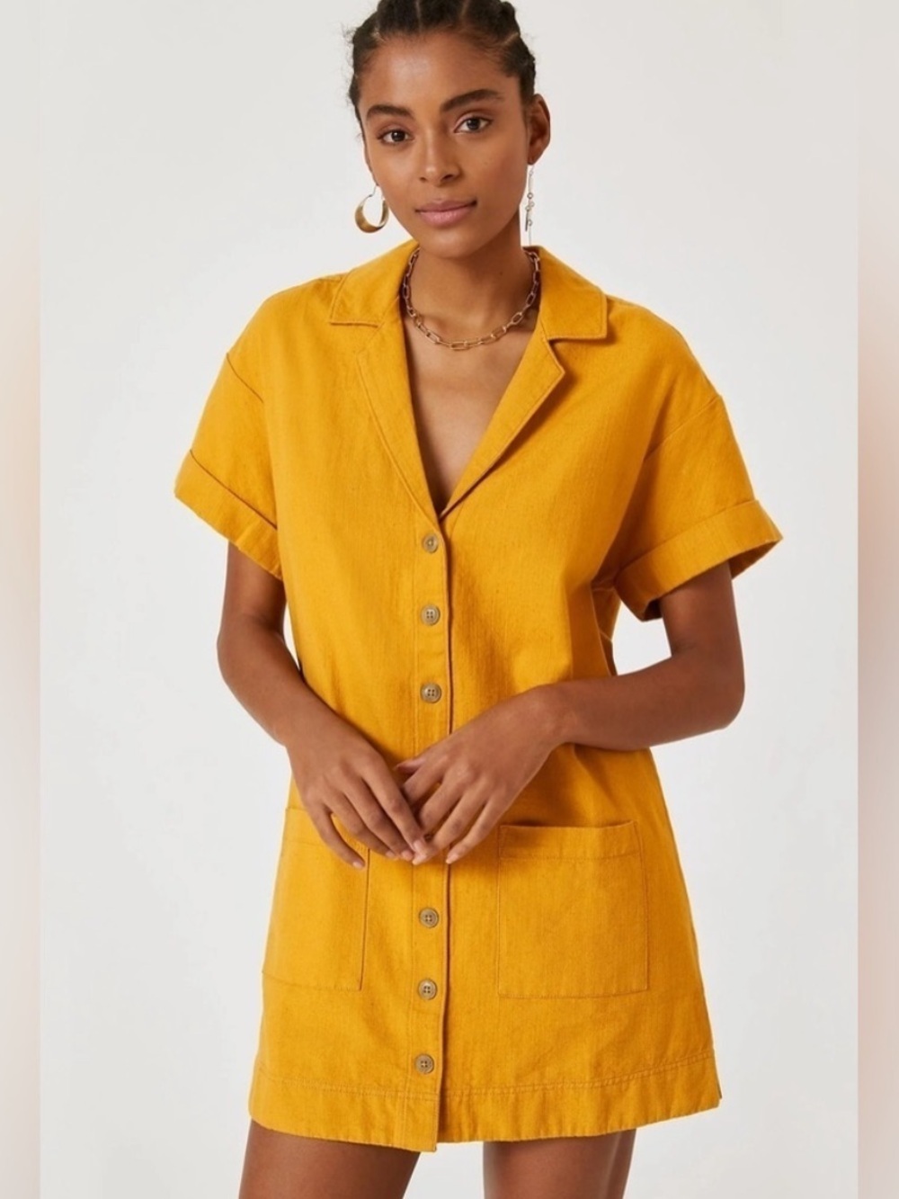 Pilcro Anthropolgie Cotton/Linen Yellow Button Down Mini Shift Shirt Dress Small